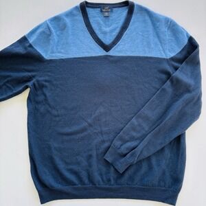 Brooks Brothers Sweater Mens XXL Blue Colorblock Extra Fine Merino Wool V-Neck